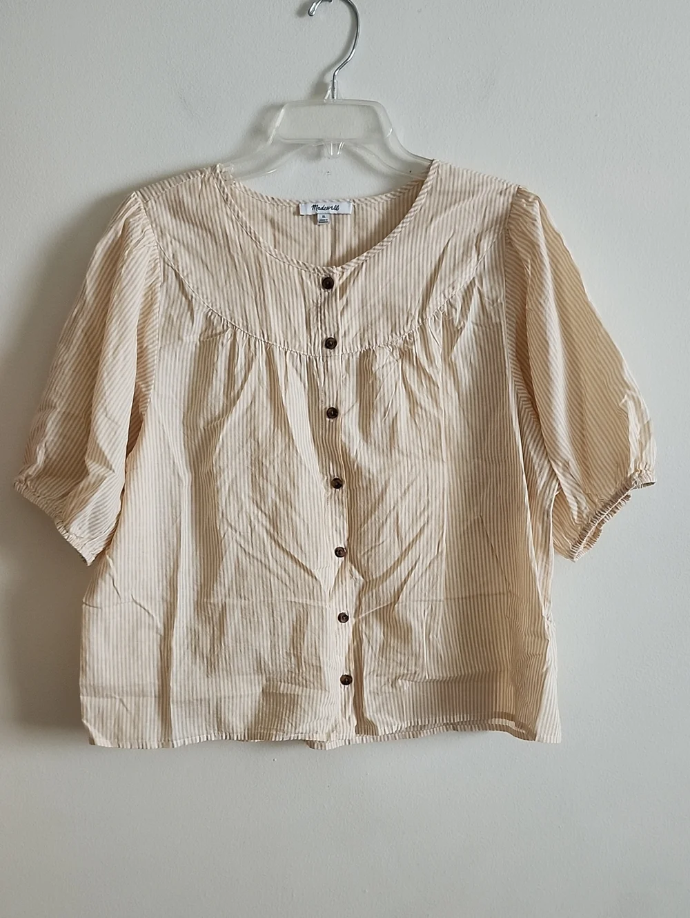 Madewell Yellow White Striped Button-Up Blouse Puff Sleeves Cotton Sz XL.